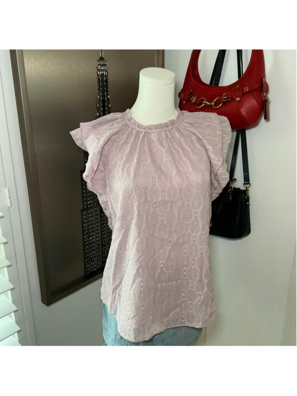 LOFT Pink Metallic Ruffle Sleeve Blouse Top XS NWT